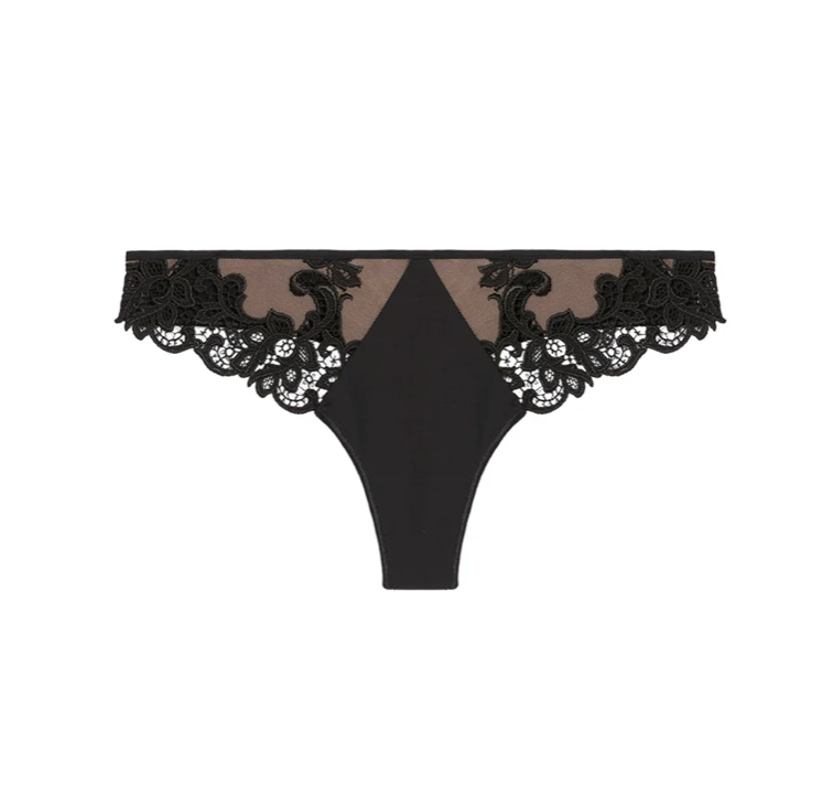 Black lace and mesh thong underwear with a solid black center panel and wide floral lace trim, shown on a plain white background.