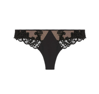 Black lace and mesh thong underwear with a solid black center panel and wide floral lace trim, shown on a plain white background.