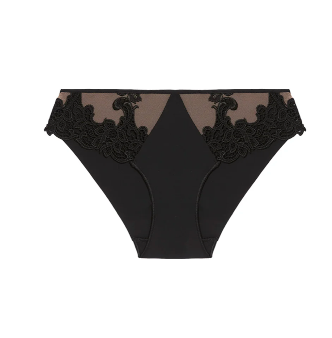 Black lace and mesh panties with a sheer nude mesh panel and black floral lace trim at the waistband, shown flat on a white background.