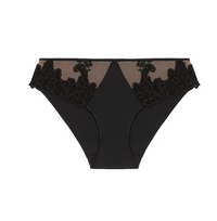 Black lace and mesh panties with a sheer nude mesh panel and black floral lace trim at the waistband, shown flat on a white background.