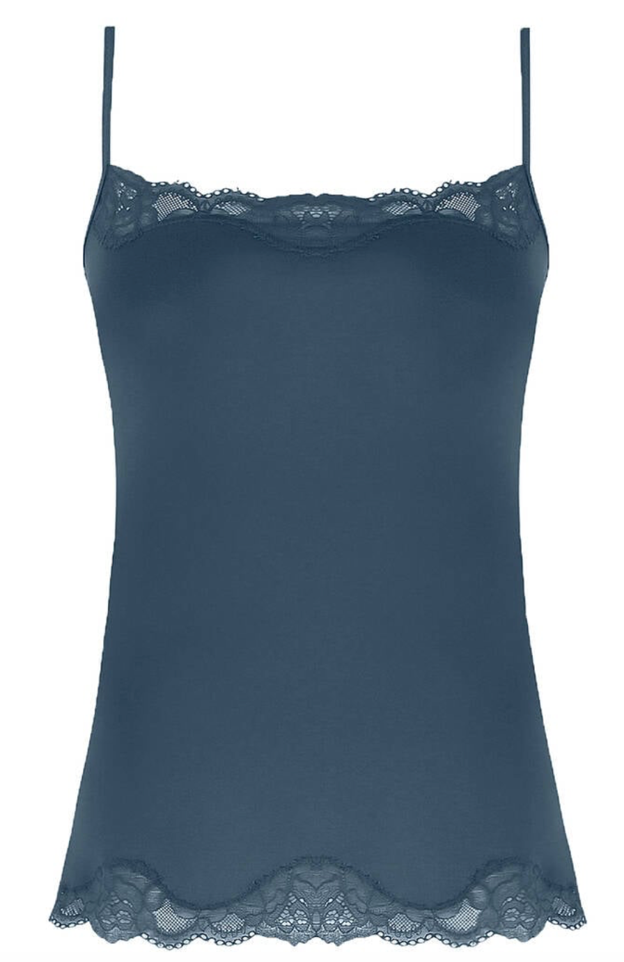 A slate blue camisole top with thin straps and delicate lace trim at the neckline and hem, shown against a plain white background.