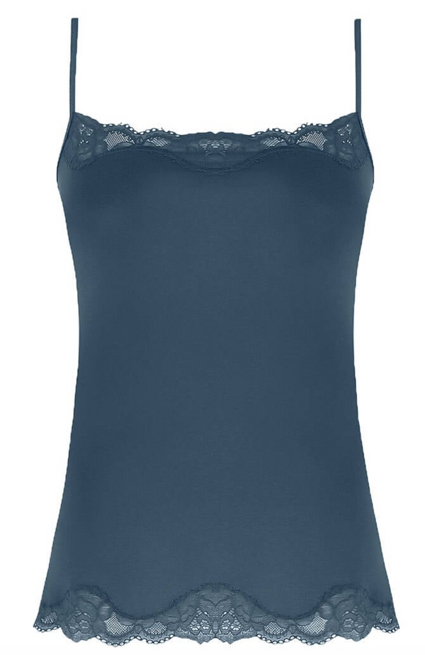 A slate blue camisole top with thin straps and delicate lace trim at the neckline and hem, shown against a plain white background.