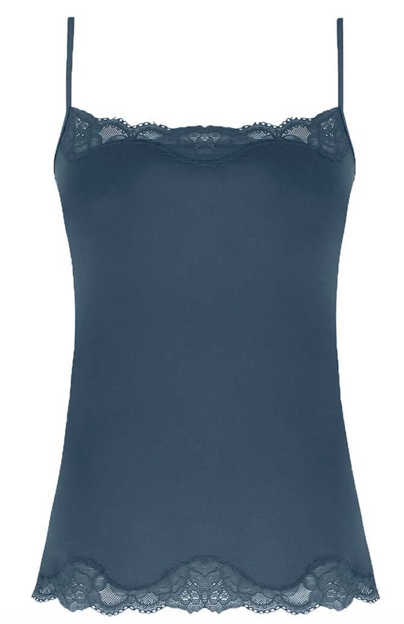 A slate blue camisole top with thin straps and delicate lace trim at the neckline and hem, shown against a plain white background.