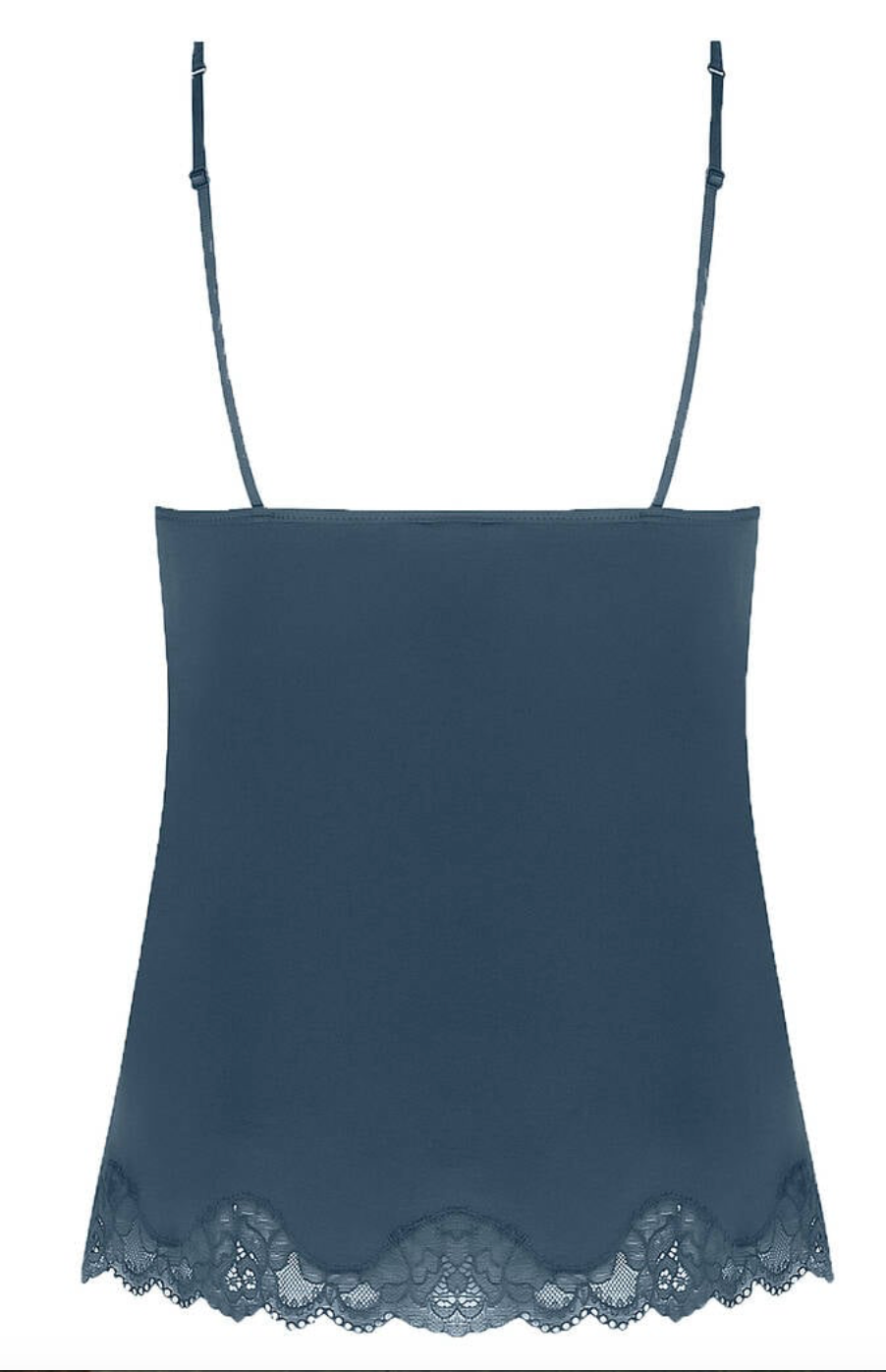 A slate blue camisole top with thin straps and a scalloped lace hem, shown against a plain white background.