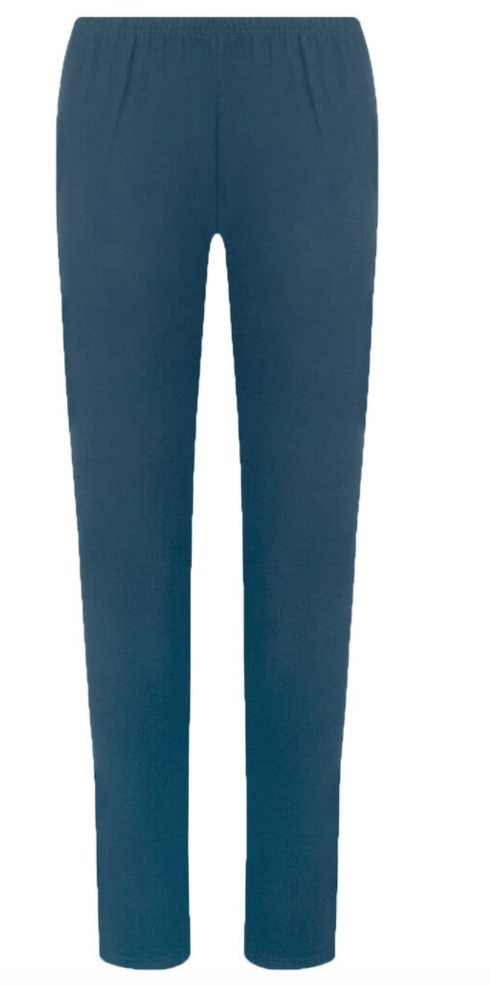 A pair of solid slate blue cropped pants shown against a plain white background.