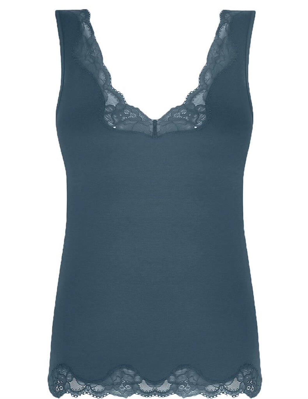A sleeveless dark teal camisole top with lace trim along the scoop neckline and hem, displayed on a solid white background.