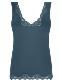 A sleeveless dark teal camisole top with lace trim along the scoop neckline and hem, displayed on a solid white background.