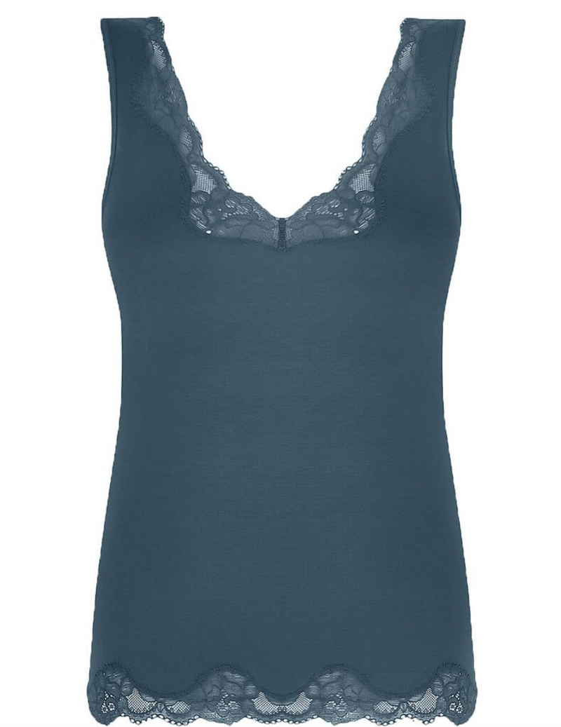 A sleeveless dark teal camisole top with lace trim along the scoop neckline and hem, displayed on a solid white background.