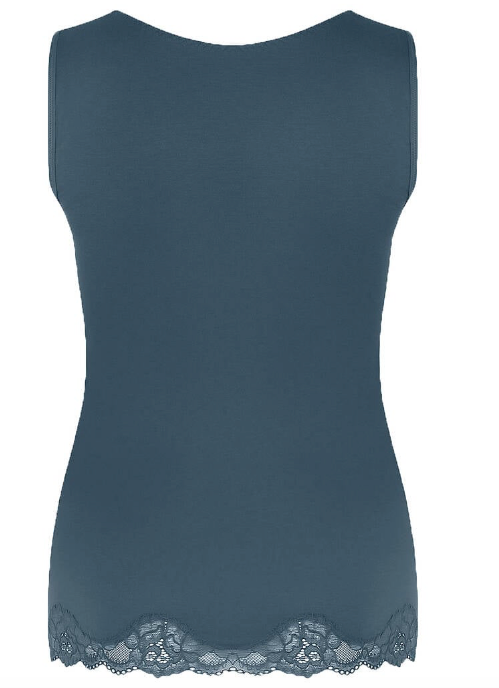 A sleeveless dark teal blue top with a boat neckline and a decorative lace hem, shown against a plain white background.