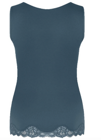 A sleeveless dark teal blue top with a boat neckline and a decorative lace hem, shown against a plain white background.