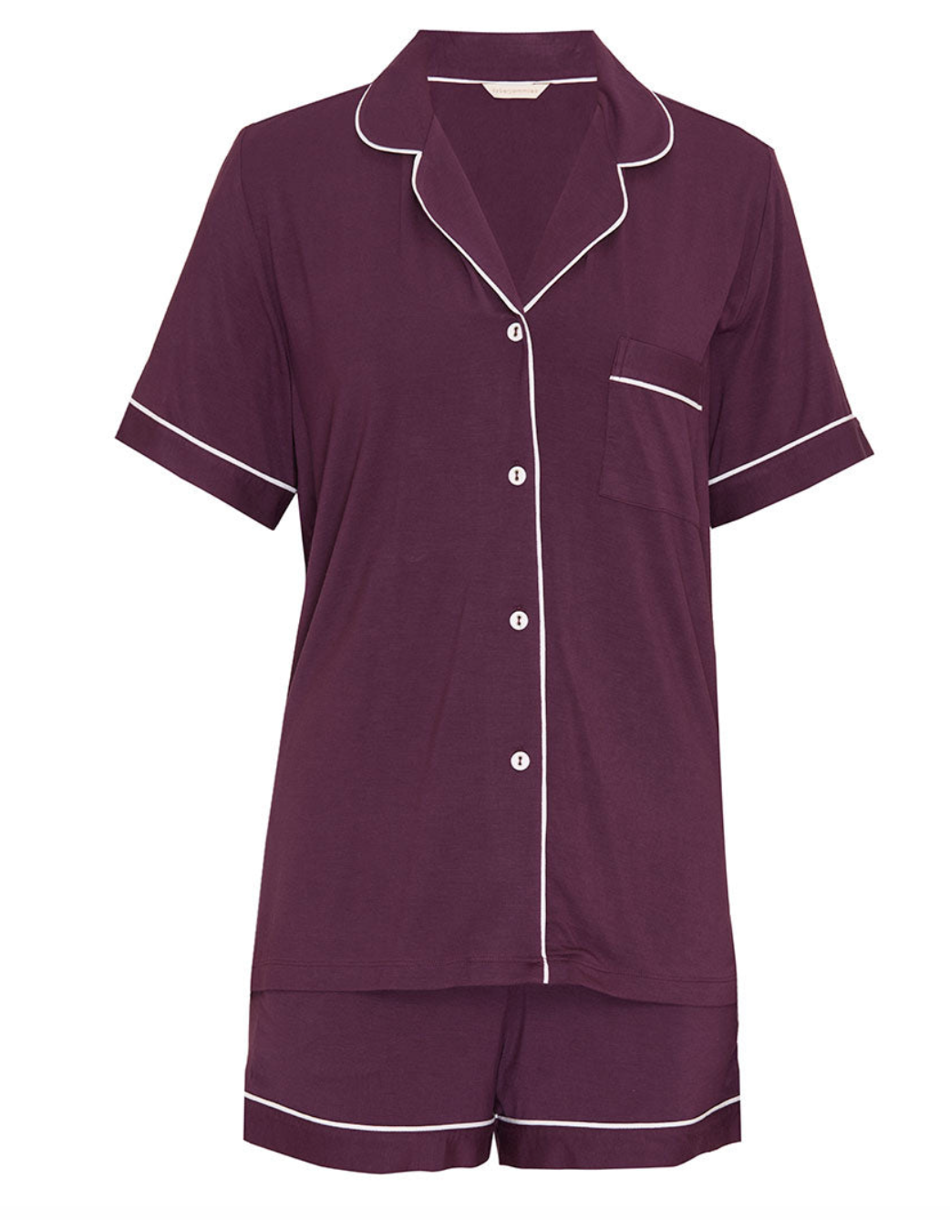 A two-piece short-sleeve pajama set in deep plum purple, featuring white piping trim along the collar, cuffs, pocket, and hem, with white buttons on the shirt front.