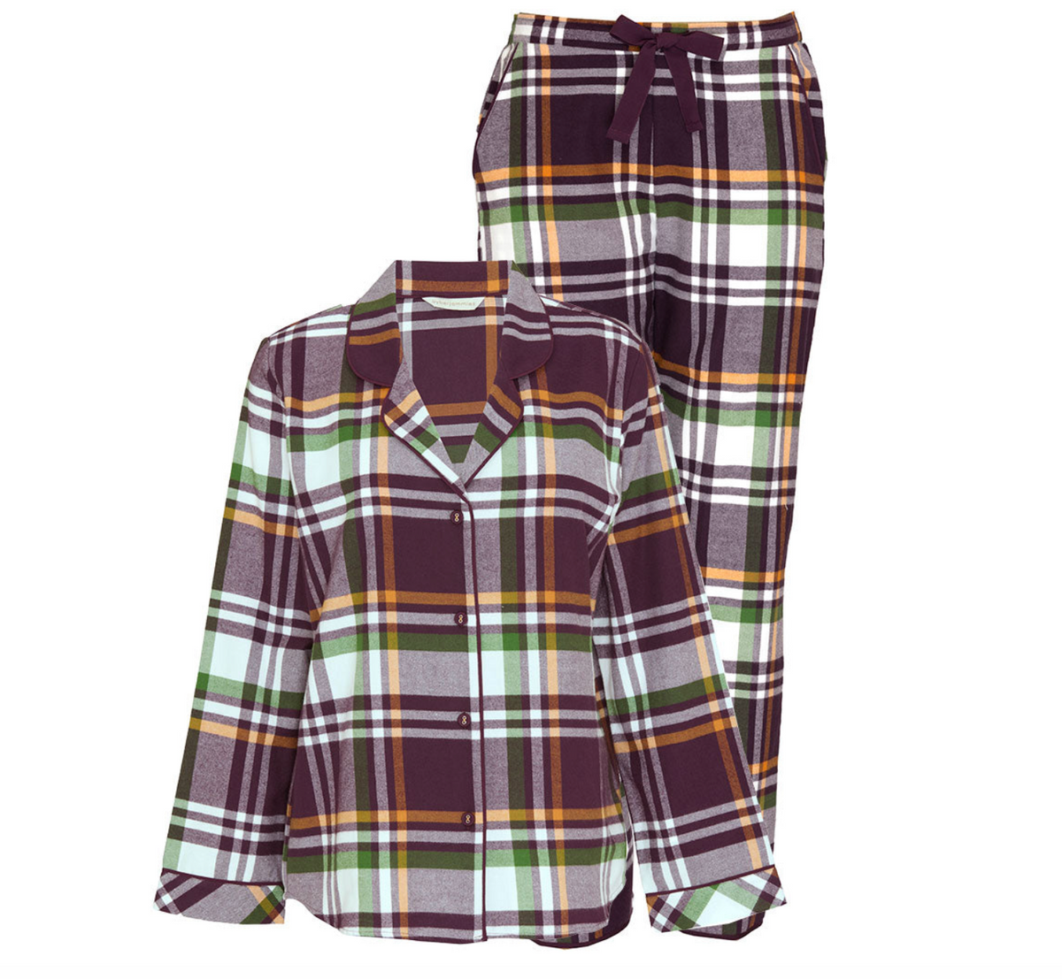 A two-piece women's pajama set featuring a long-sleeve button-front plaid top and matching drawstring pants, shown on a plain white background.