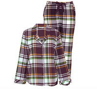 A two-piece women's pajama set featuring a long-sleeve button-front plaid top and matching drawstring pants, shown on a plain white background.
