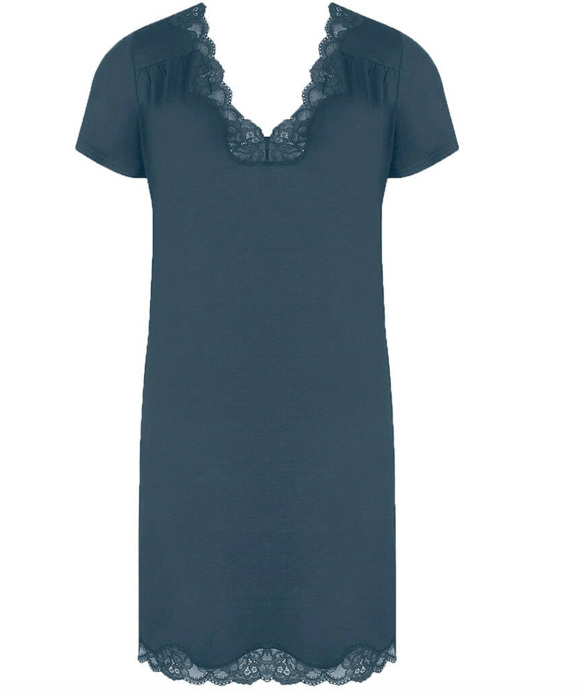 A short-sleeve nightgown in slate blue with matching lace trim at the V-neckline and hem, displayed on a clean white background.