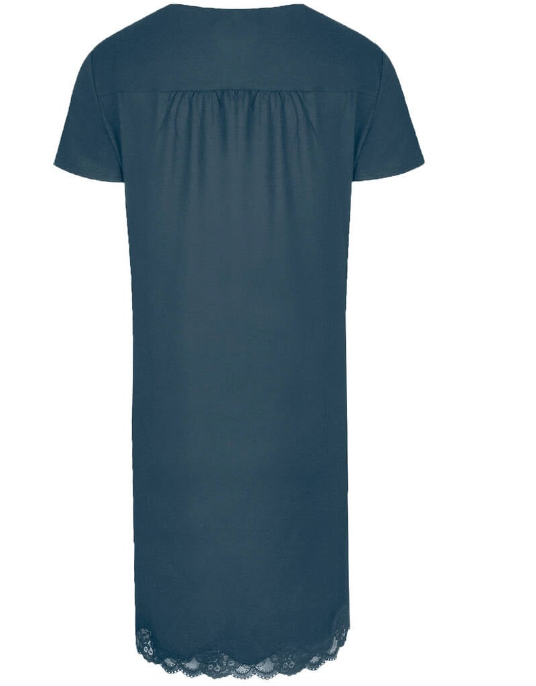 A short-sleeve nightgown or tunic dress in a dark teal blue, featuring a gathered neckline and a delicate lace trim at the hem, shown against a plain white background.