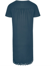 A short-sleeve nightgown or tunic dress in a dark teal blue, featuring a gathered neckline and a delicate lace trim at the hem, shown against a plain white background.