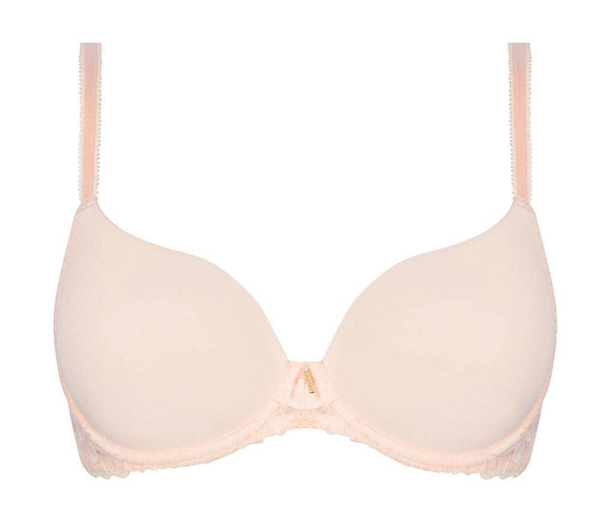 A pale blush pink wireless underwire bra with delicate lace trim along the underband and straps, shown against a solid white background.