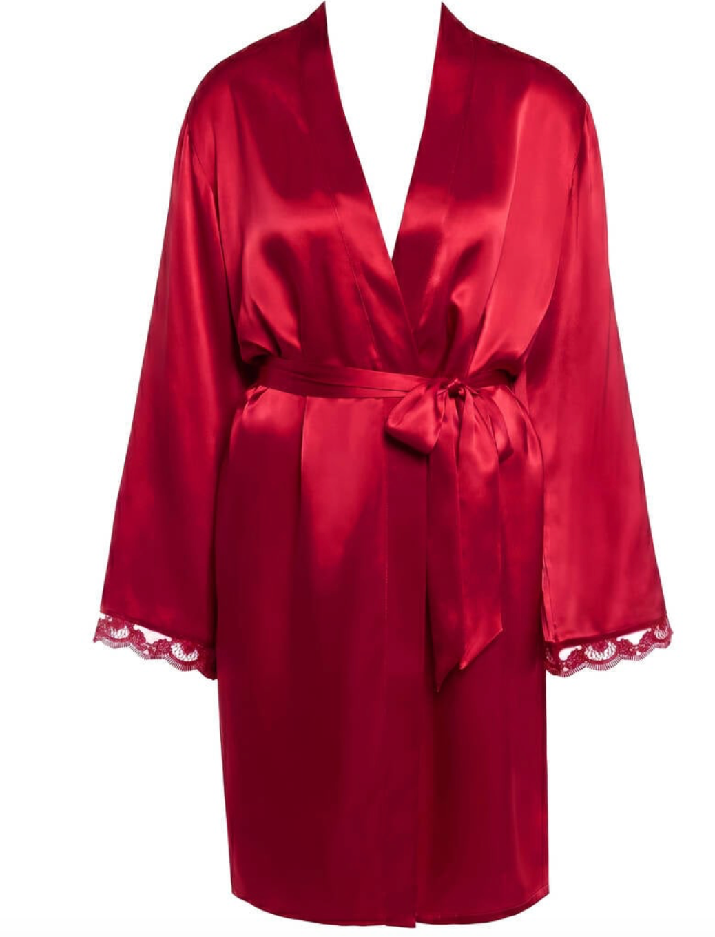 A red silk robe with a tie waist belt and delicate lace trim on the cuffs, displayed on a headless mannequin against a plain white background.