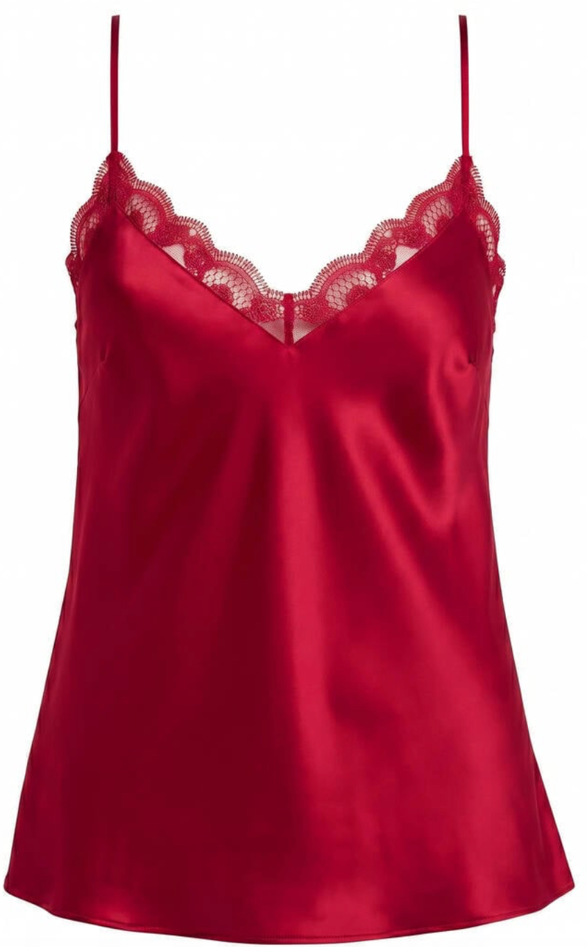 A red silk camisole top with thin straps and a lace-trimmed V-neckline, shown against a plain white background.
