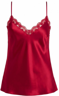 A red silk camisole top with thin straps and a lace-trimmed V-neckline, shown against a plain white background.