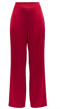 A pair of high-waisted, wide-leg trousers in a rich red silk fabric, shown against a plain white background.