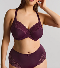 A woman modeling a matching lingerie set in deep plum purple, featuring a lace-trimmed bra and high-waisted briefs with lace panels, against a plain light gray studio background.