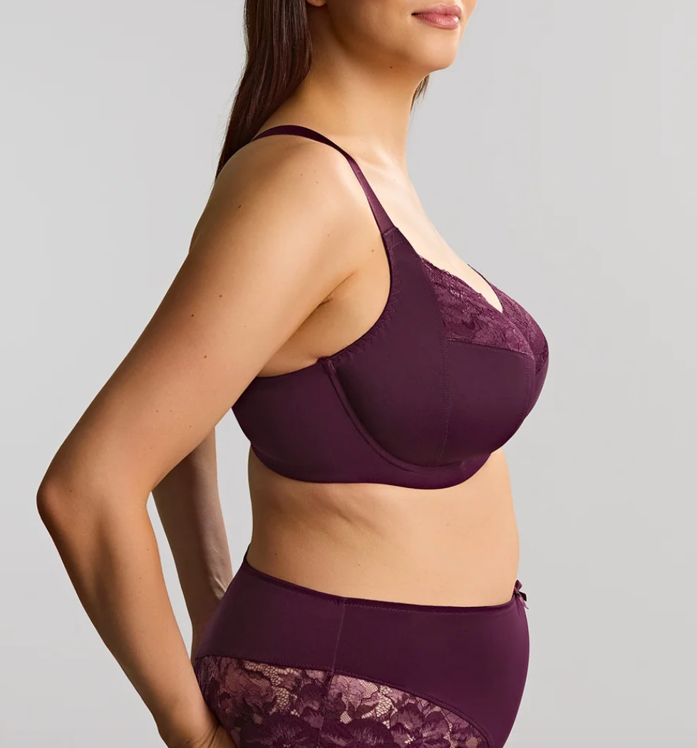 A woman shown from the side wearing a matching deep plum purple bralette and high-waisted briefs with lace trim, against a plain light gray studio background.
