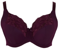 A dark plum purple bra featuring solid fabric cups and a matching lace underband with a small bow at the center front, shown against a plain white background.