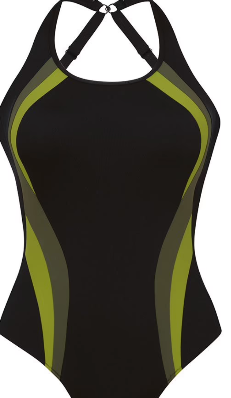 A black one-piece swimsuit with olive green curved side panels and matching green shoulder straps, shown against a plain white background.