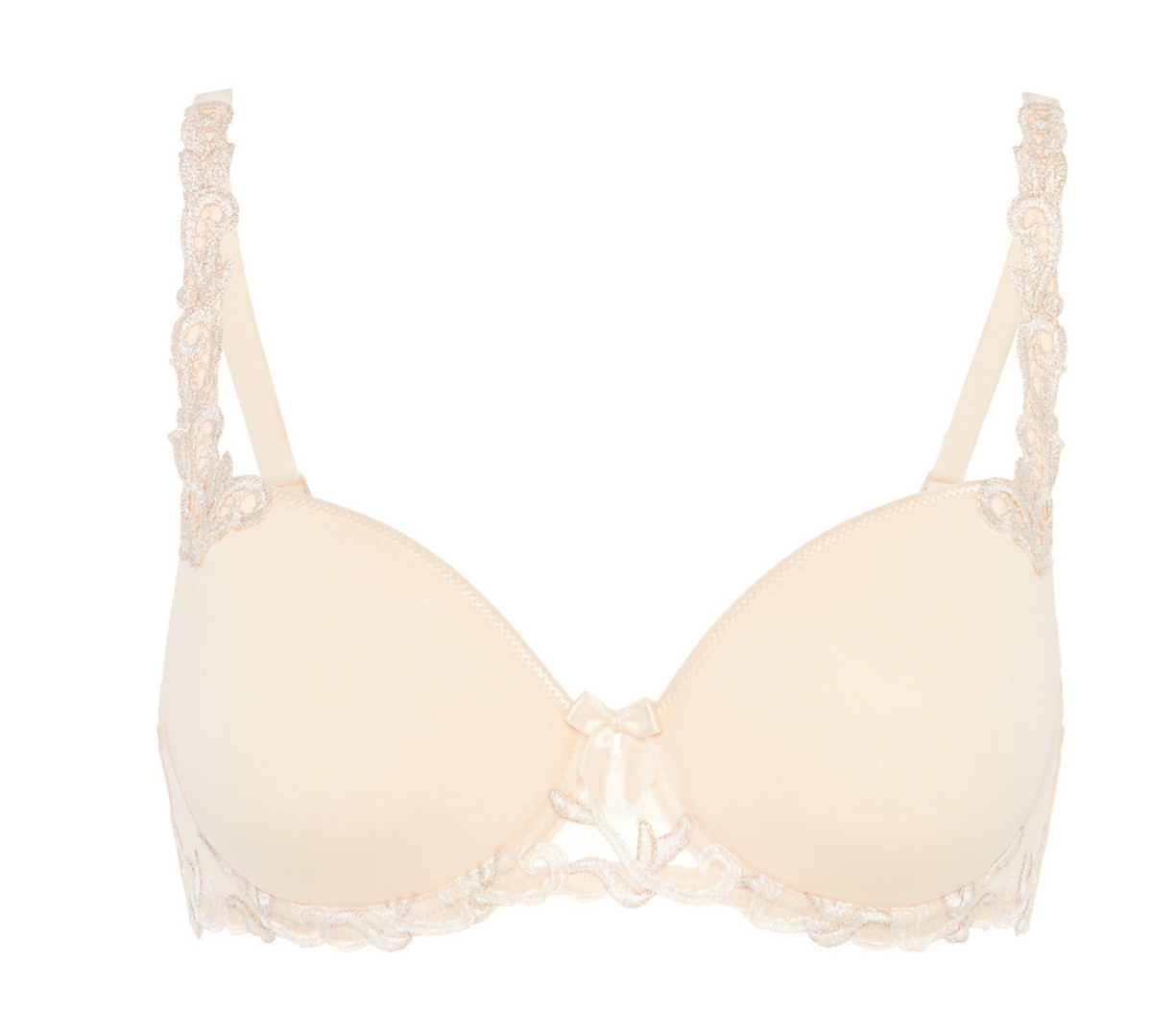 Cream-colored bra with lace details on a white background
