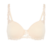 Cream-colored bra with lace details on a white background