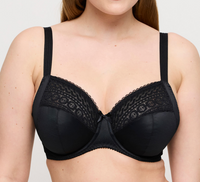 Black bra with lace details worn by a model on a plain background