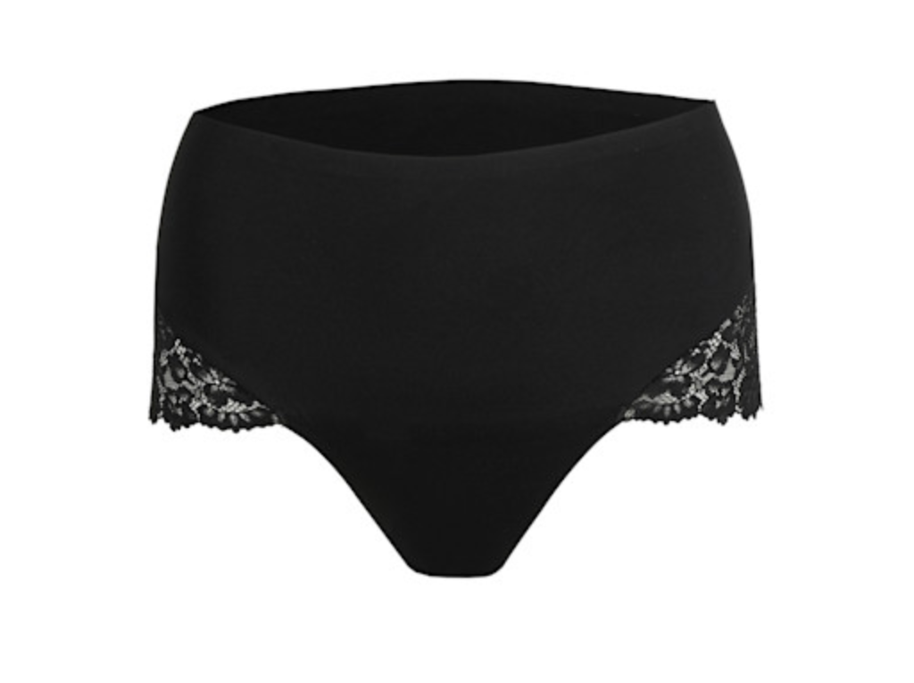Black high-waisted underwear with lace trim on a white background