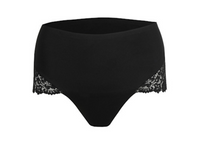 Black high-waisted underwear with lace trim on a white background