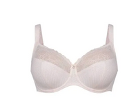 A light beige wireless underwire bra with textured cups and floral lace cups, shown against a plain white background.