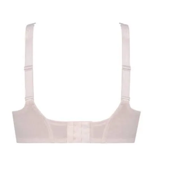 A white structured bra with wide shoulder straps and a wide underband, shown against a plain white background.
