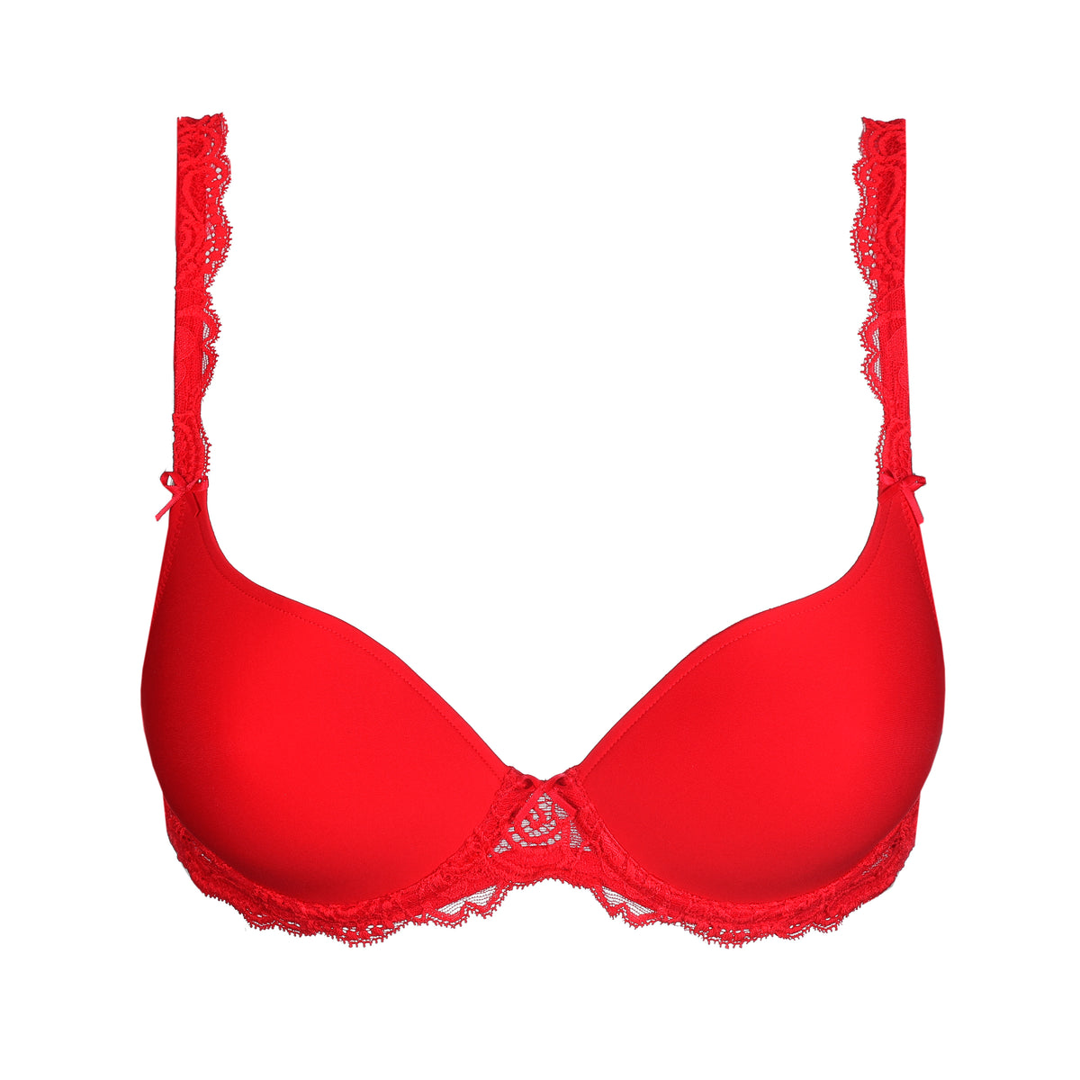 Red bra with lace details on a white background