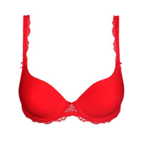 Red bra with lace details on a white background