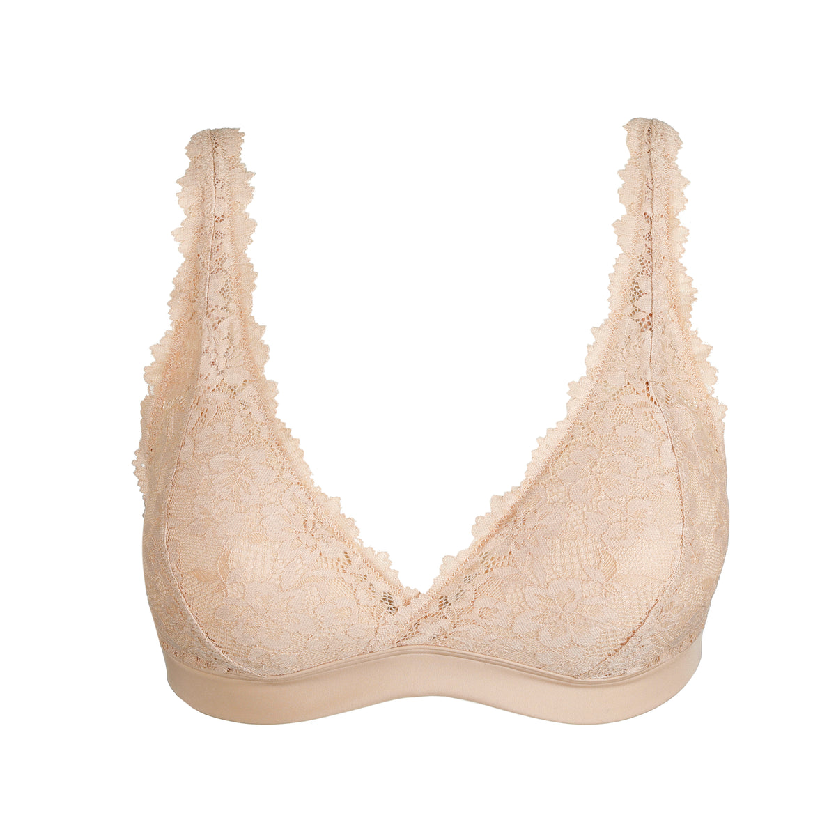 Beige lace bra on a white background