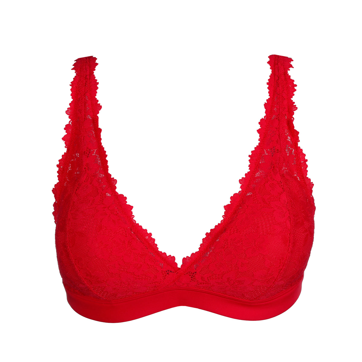 Red lace bra on a white background