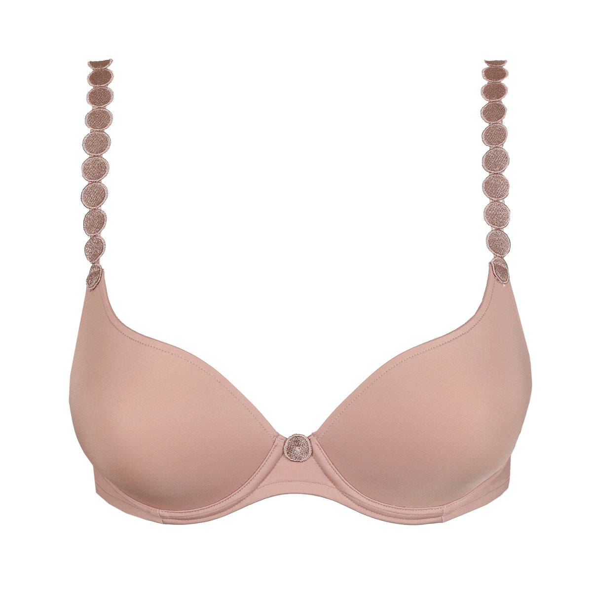 Beige bra with decorative straps on a white background