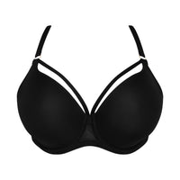 Black bra with white trim on a white background
