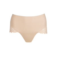 Beige women's underwear with lace trim on a white background