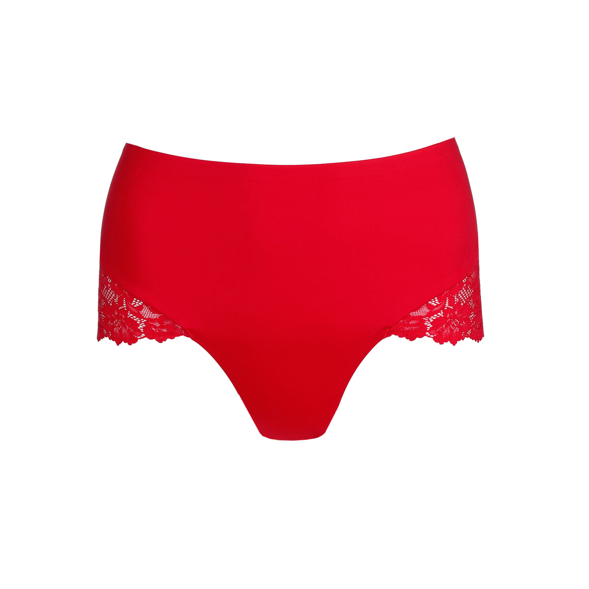 Red women's underwear with lace trim on a white background