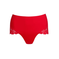 Red women's underwear with lace trim on a white background