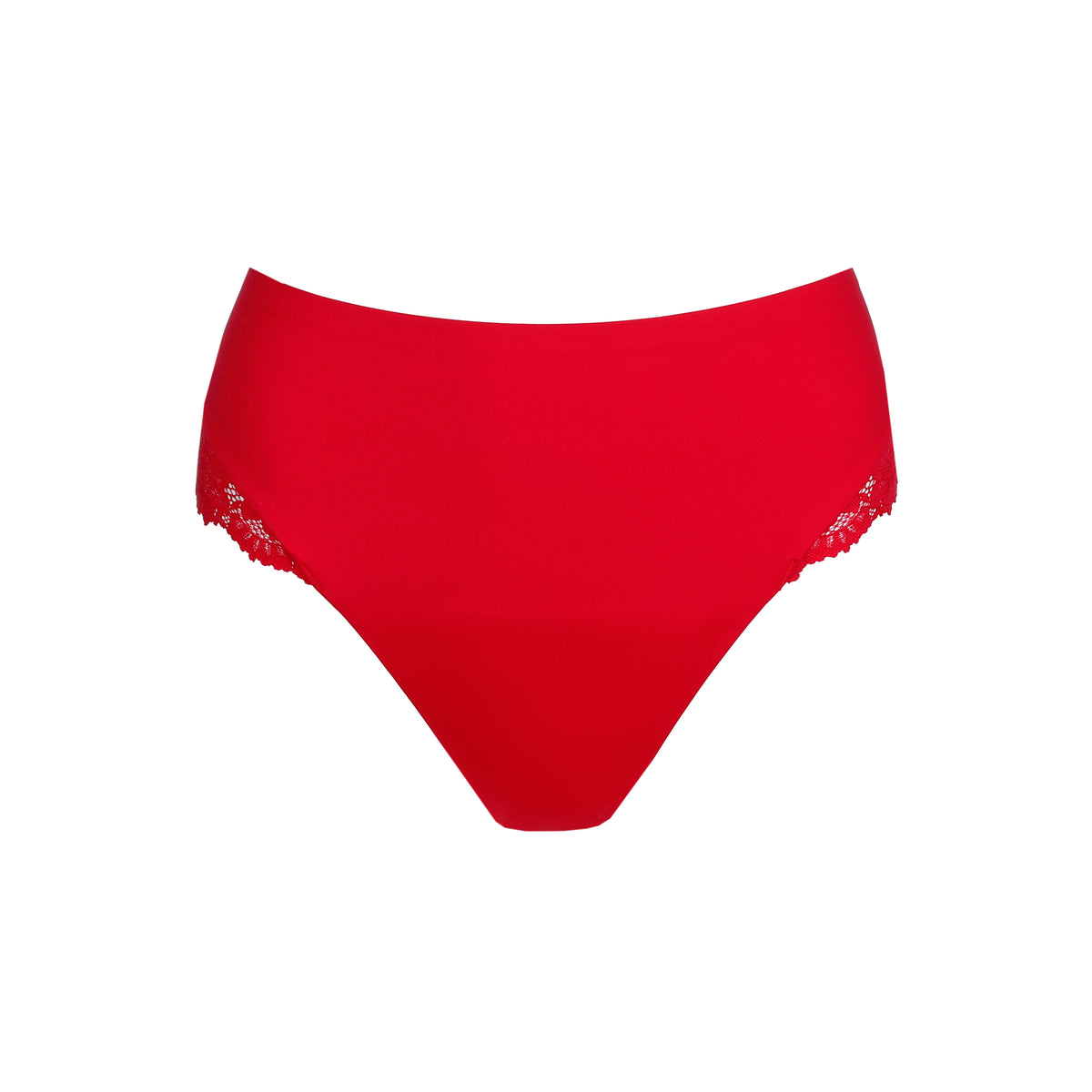 Red high-waisted underwear with lace trim on a white background