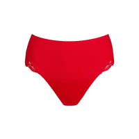 Red high-waisted underwear with lace trim on a white background