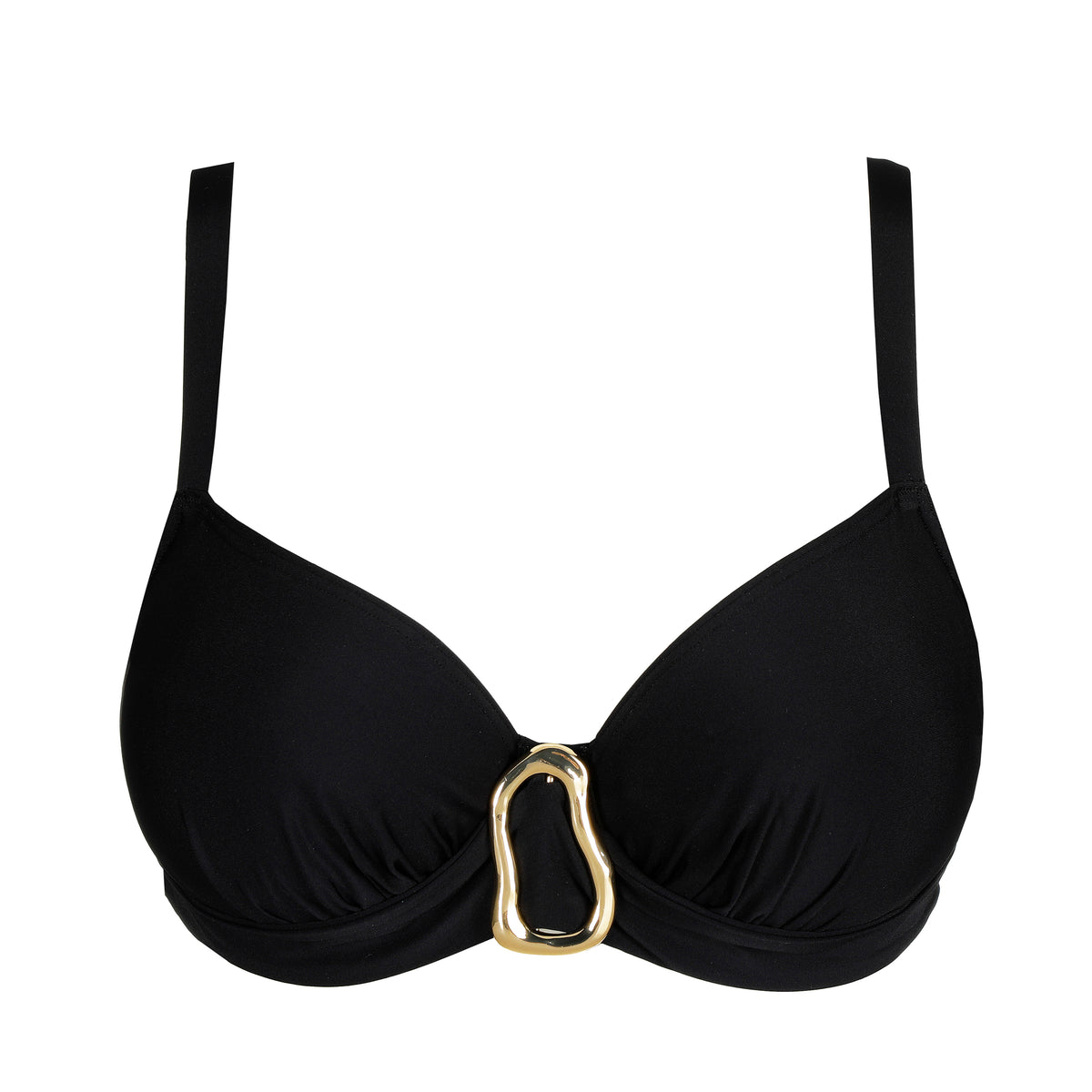 Black bikini top with a gold clasp on a white background