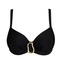 Black bikini top with a gold clasp on a white background
