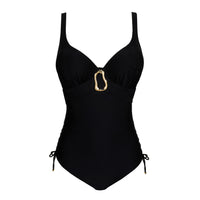 Black swimsuit with a gold clasp on a white background